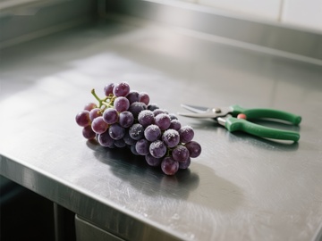 葡萄与剪刀置于不锈钢台面