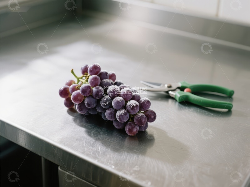 高清大图下载【趣麦麦图】葡萄与剪刀置于不锈钢台面