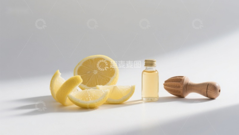 高清大图下载【趣麦麦图】柠檬切片与精油瓶的静物组合