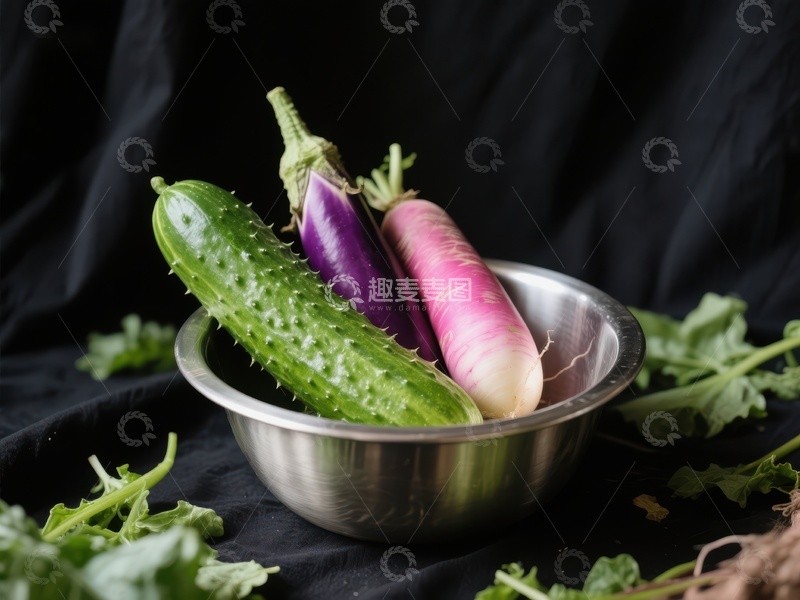 高清大图下载【趣麦麦图】新鲜蔬菜置于金属碗中