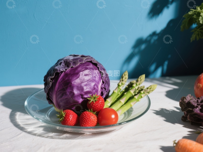 高清大图下载【趣麦麦图】紫甘蓝与新鲜蔬菜的静物组合