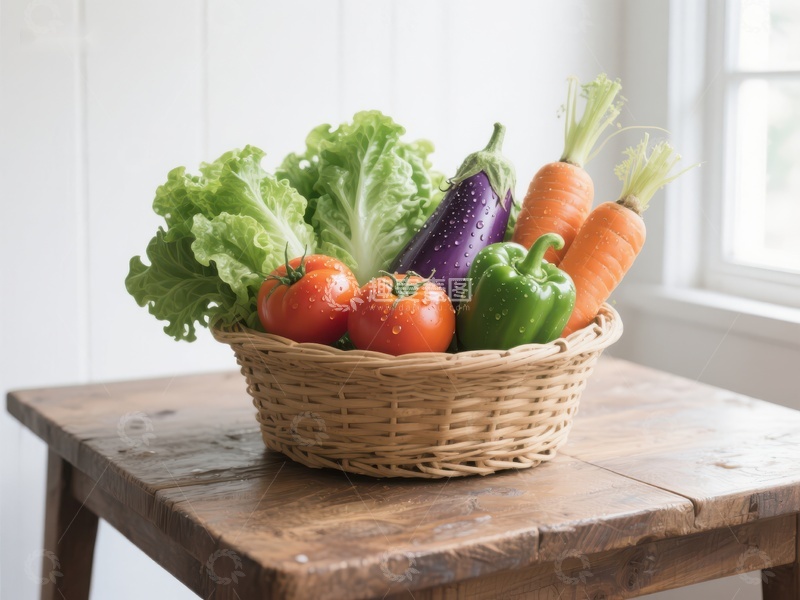 高清大图下载【趣麦麦图】新鲜蔬菜篮置于木质桌上