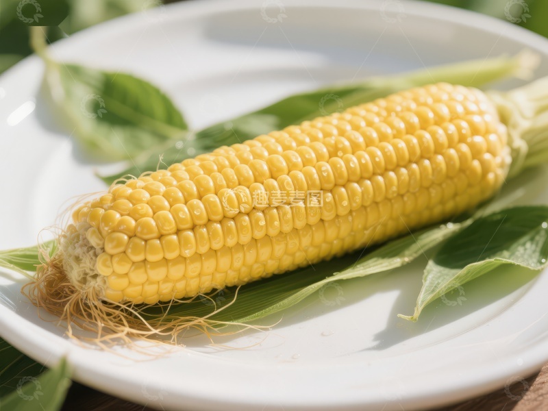 高清大图下载【趣麦麦图】新鲜玉米棒置于绿叶之上