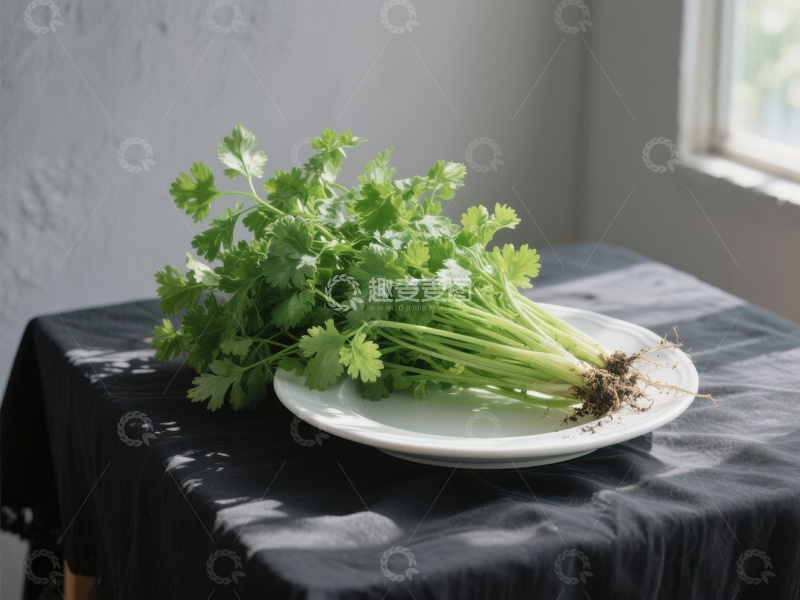 高清大图下载【趣麦麦图】新鲜香菜置于白色盘中