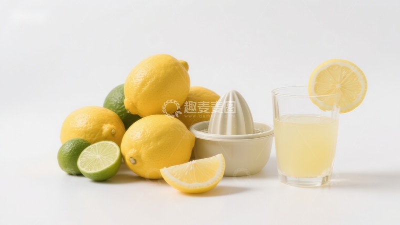 高清大图下载【趣麦麦图】新鲜柠檬与榨汁器及果汁