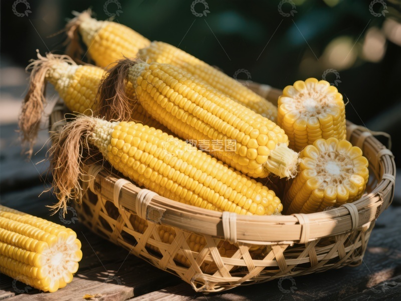 高清大图下载【趣麦麦图】新鲜玉米置于竹篮中