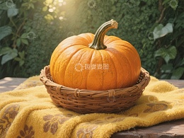 篮中橙色南瓜置于黄色布上