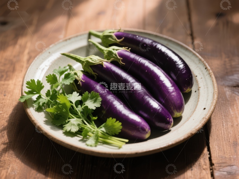 高清大图下载【趣麦麦图】盘中紫茄子配香菜