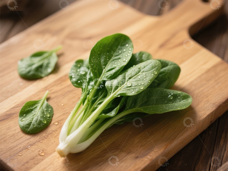 高清大图下载【趣麦麦图】新鲜菠菜置于木质砧板上