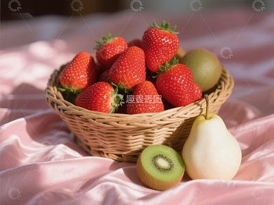 篮中草莓与猕猴桃梨子