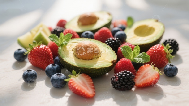 高清大图下载【趣麦麦图】新鲜水果拼盘：草莓、蓝莓与牛油果