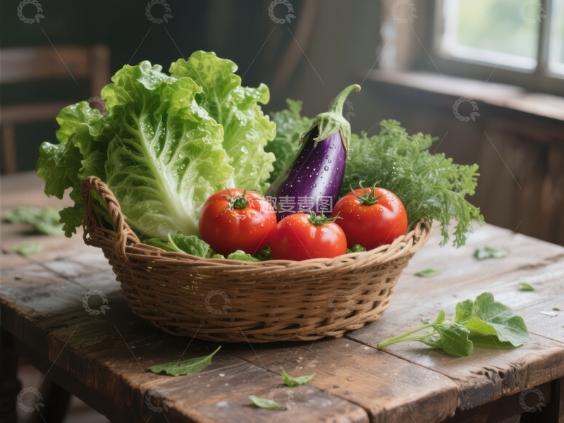 高清大图下载【趣麦麦图】新鲜蔬菜篮置于木质桌面上