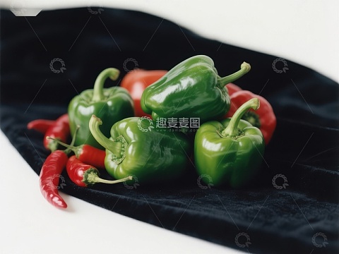 绿红辣椒堆叠于黑色布料上