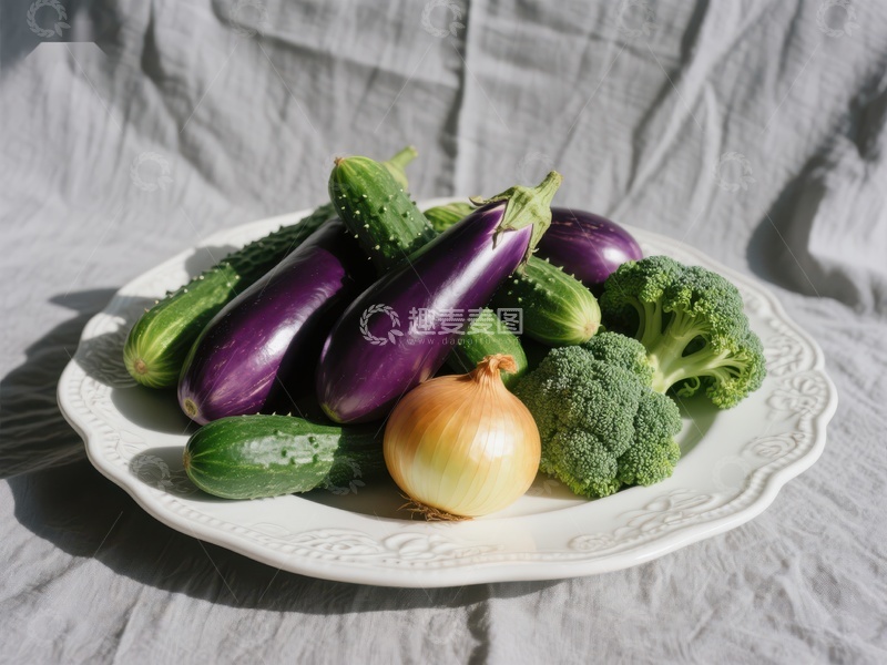 高清大图下载【趣麦麦图】新鲜蔬菜盘：茄子、西兰花、洋葱与黄瓜