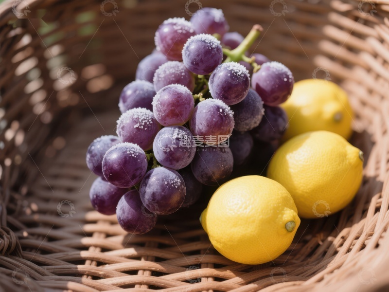 高清大图下载【趣麦麦图】葡萄与柠檬置于编织篮中