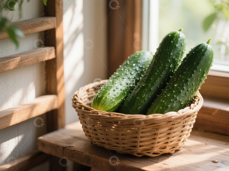 高清大图下载【趣麦麦图】篮子里的黄瓜置于窗边