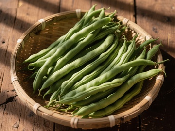 新鲜四季豆置于竹篮中
