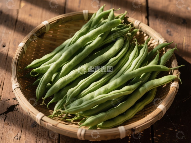 新鲜四季豆置于竹篮中