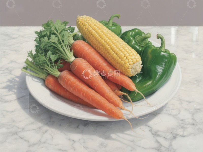 高清大图下载【趣麦麦图】新鲜蔬菜组合：胡萝卜、玉米和青椒