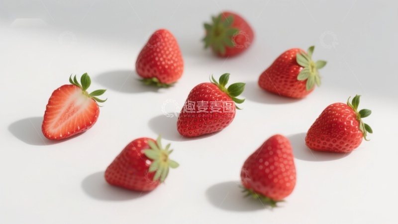 高清大图下载【趣麦麦图】新鲜草莓散落白色背景