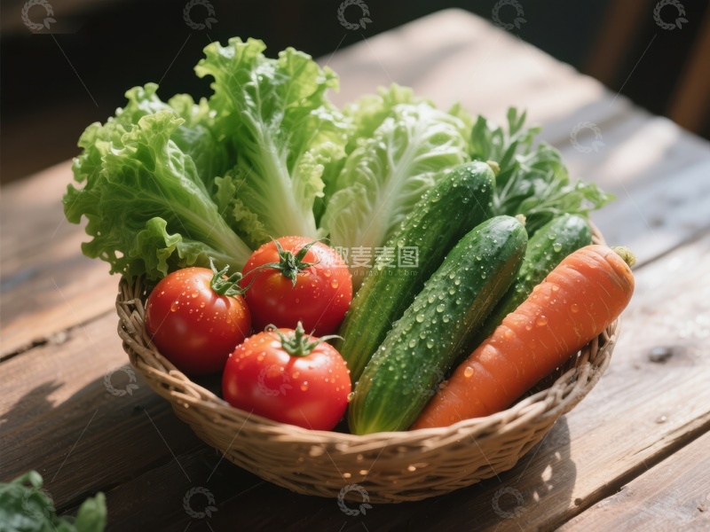 高清大图下载【趣麦麦图】新鲜蔬菜篮，包含生菜、番茄、黄瓜和胡萝卜