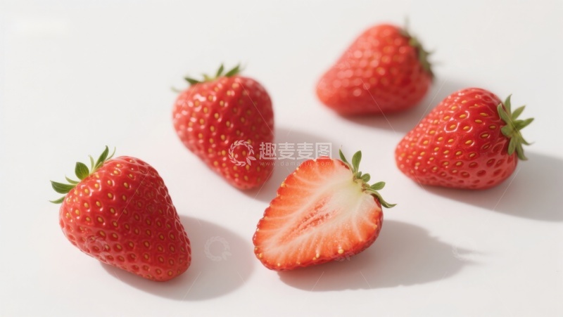 高清大图下载【趣麦麦图】新鲜草莓特写，一颗切半展示