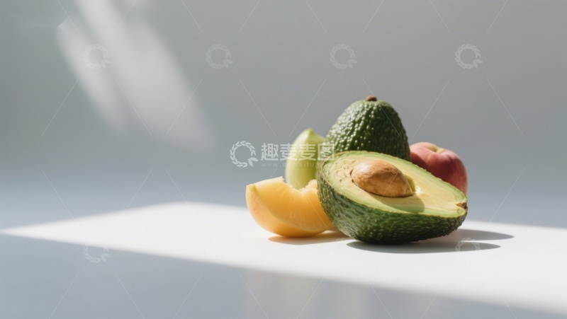 高清大图下载【趣麦麦图】新鲜水果组合：牛油果、苹果与橙片