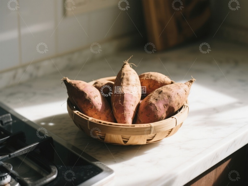 高清大图下载【趣麦麦图】竹篮中的红薯置于厨房台面