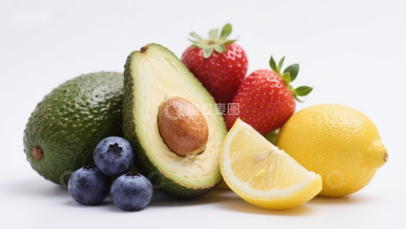 高清大图下载【趣麦麦图】新鲜水果组合：牛油果、草莓、蓝莓和柠檬