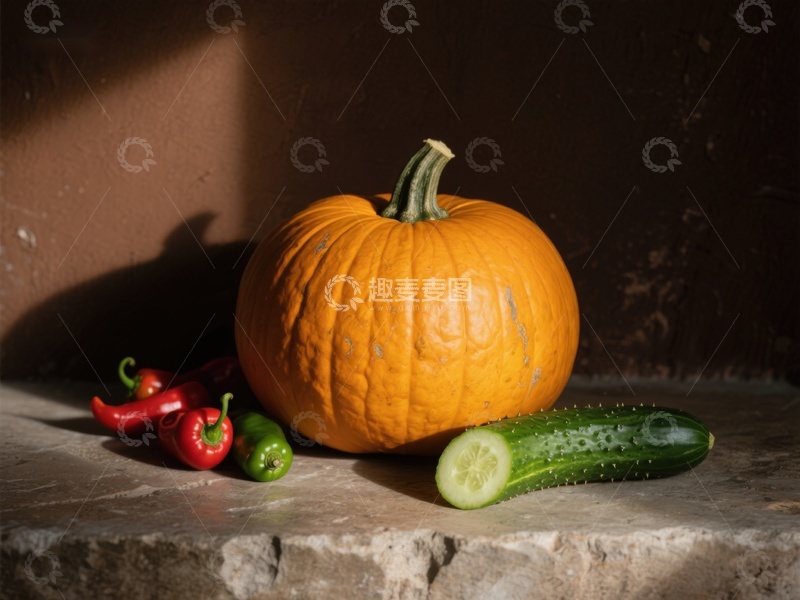 高清大图下载【趣麦麦图】南瓜与辣椒黄瓜的静物组合