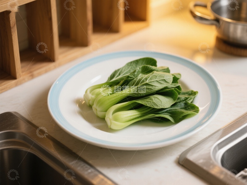 高清大图下载【趣麦麦图】新鲜青菜置于白色盘中