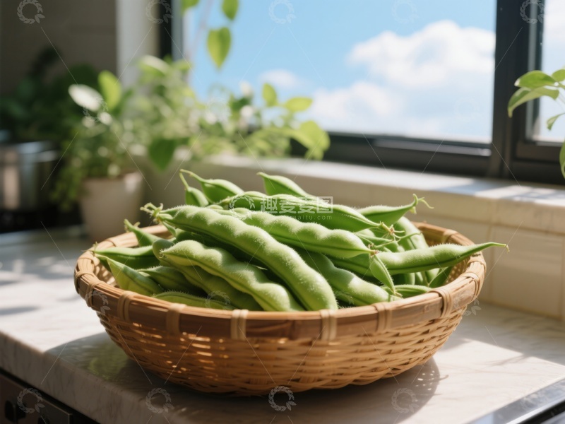 高清大图下载【趣麦麦图】窗边竹篮里的新鲜豆荚