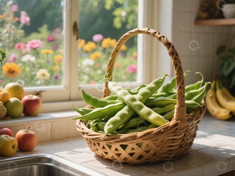 高清大图下载【趣麦麦图】窗边篮子里的鲜嫩豆荚