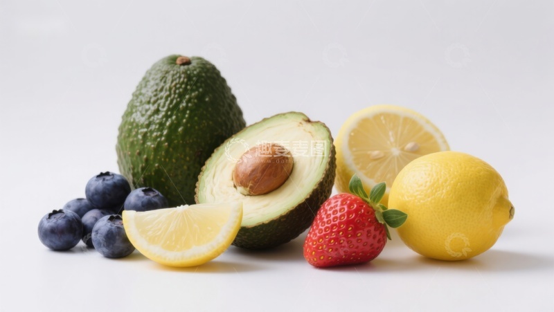 高清大图下载【趣麦麦图】新鲜水果组合：牛油果、柠檬、草莓和蓝莓