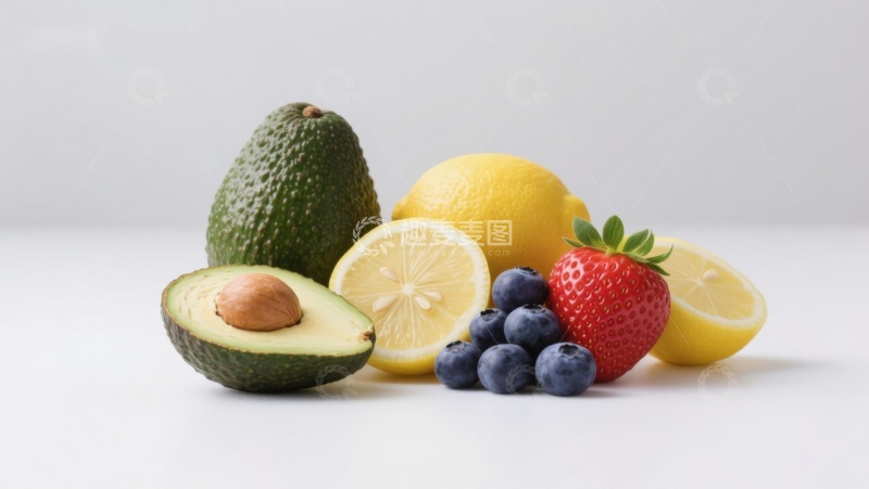 高清大图下载【趣麦麦图】新鲜水果组合：牛油果、柠檬、蓝莓和草莓