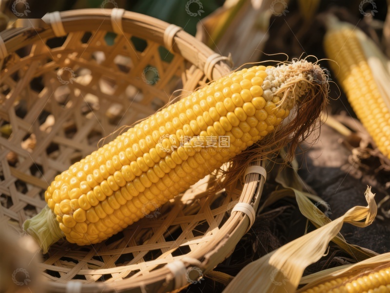 高清大图下载【趣麦麦图】新鲜玉米置于竹篮中