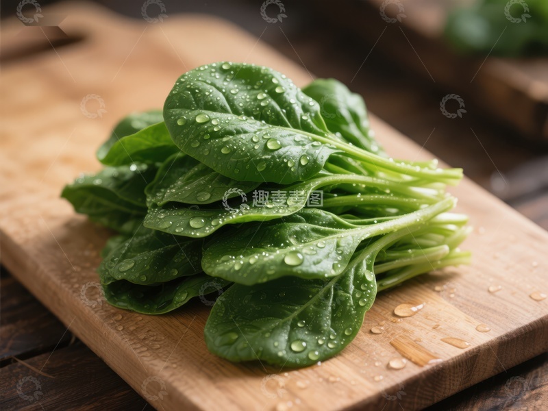 高清大图下载【趣麦麦图】新鲜菠菜置于木质砧板上