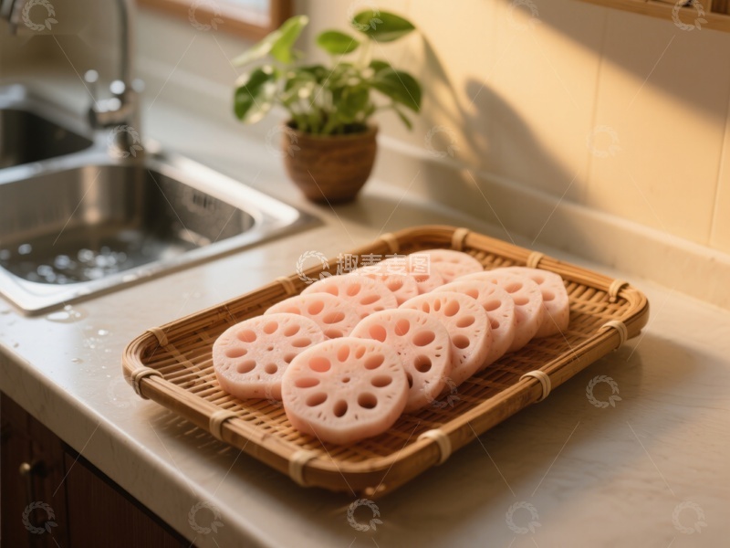 高清大图下载【趣麦麦图】莲藕切片置于竹盘，厨房温馨一角
