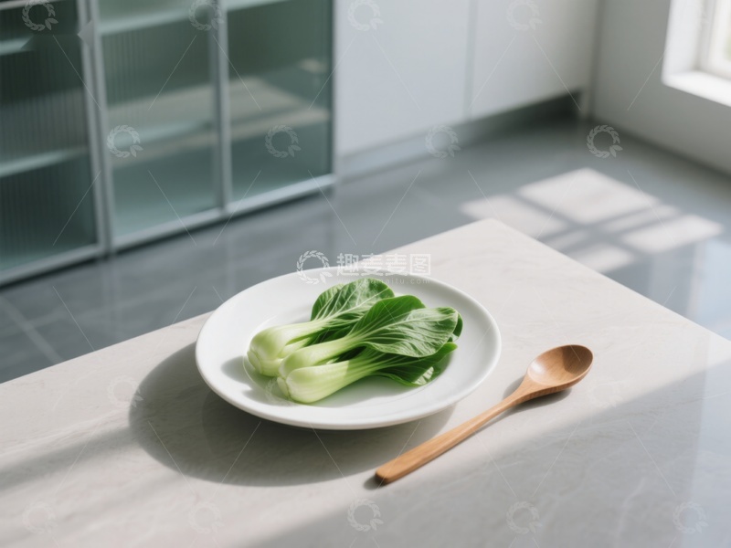 高清大图下载【趣麦麦图】盘中青菜与木质勺子