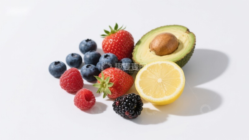 高清大图下载【趣麦麦图】新鲜水果组合：草莓、蓝莓、柠檬与牛油果