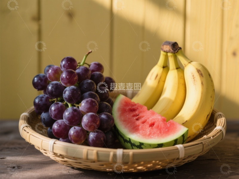 高清大图下载【趣麦麦图】新鲜水果篮：葡萄、香蕉与西瓜