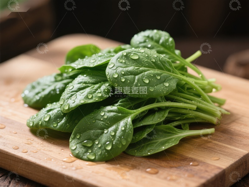 高清大图下载【趣麦麦图】新鲜菠菜堆放在木质砧板上