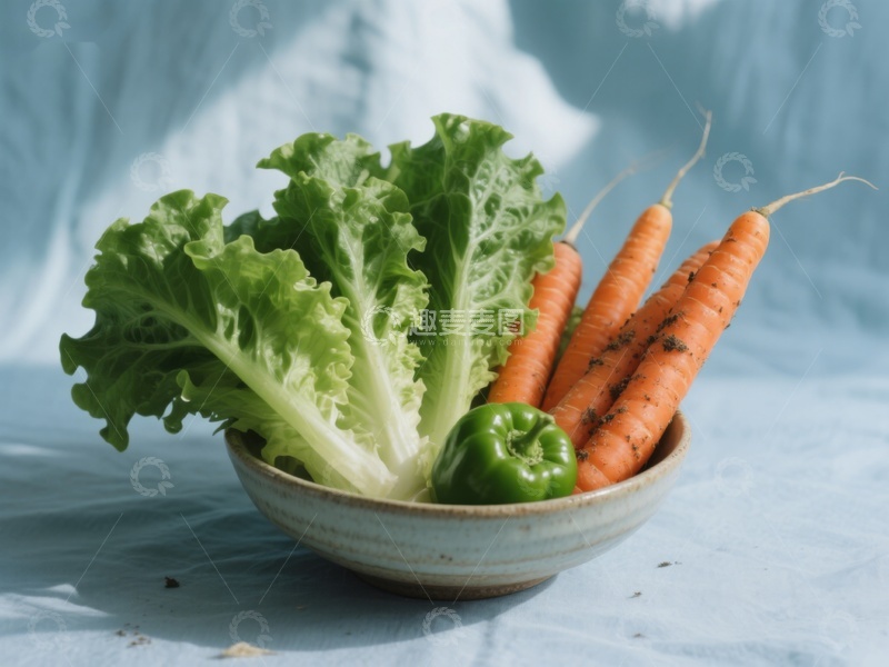 高清大图下载【趣麦麦图】新鲜蔬菜组合：生菜、胡萝卜与青椒