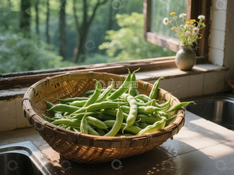 高清大图下载【趣麦麦图】窗边竹篮里的新鲜四季豆
