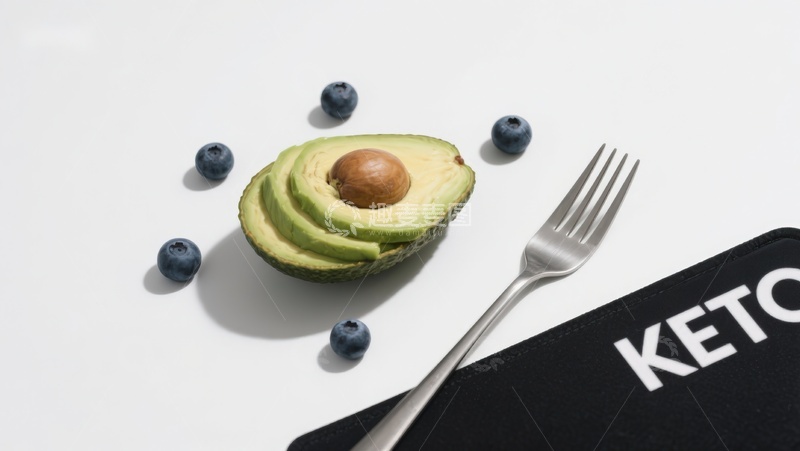 高清大图下载【趣麦麦图】切片牛油果与蓝莓，配叉子和&lsquo;KETO&rsquo;标签