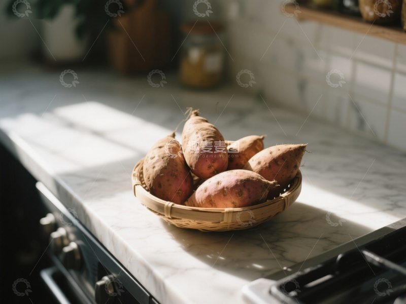 高清大图下载【趣麦麦图】厨房台面上的红薯篮