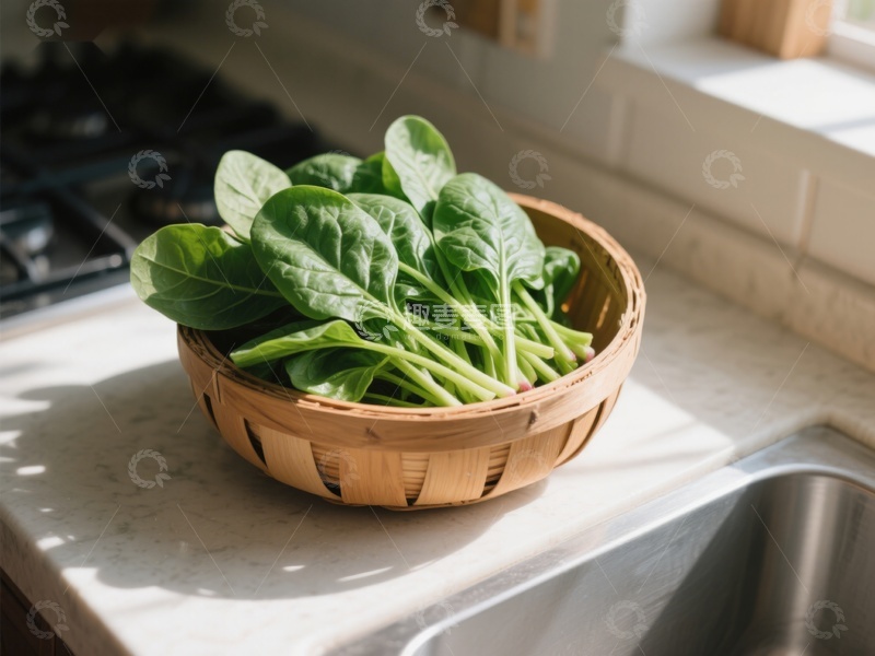 高清大图下载【趣麦麦图】厨房窗边的菠菜篮