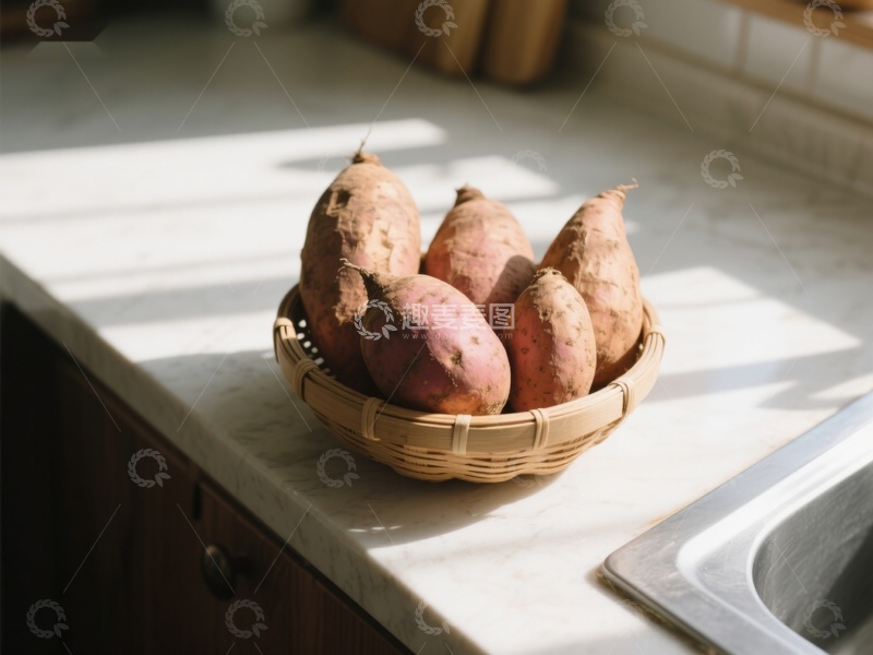 高清大图下载【趣麦麦图】厨房台面上的红薯篮