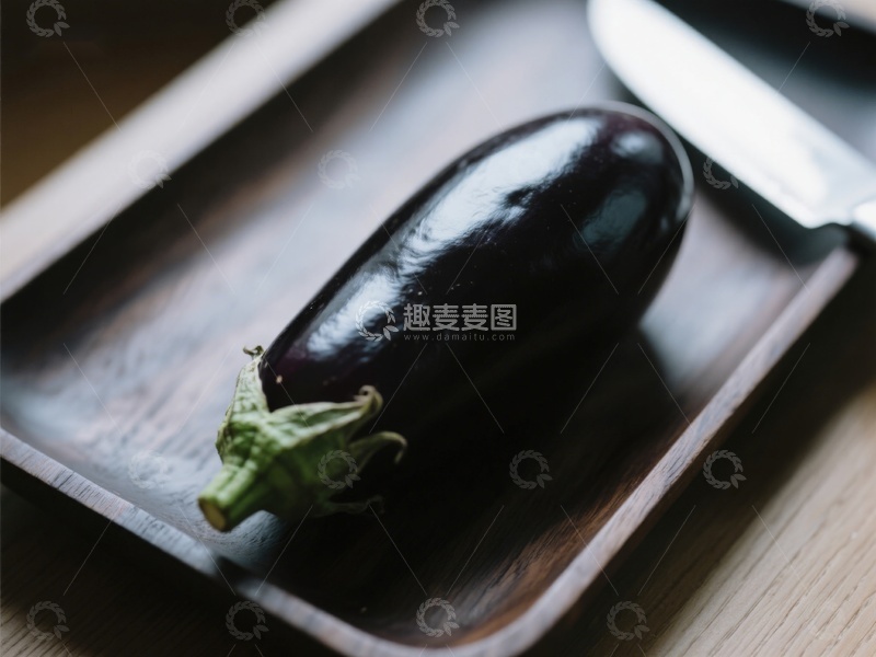 高清大图下载【趣麦麦图】深紫色茄子置于木质托盘