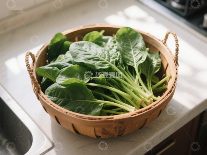 高清大图下载【趣麦麦图】新鲜菠菜置于竹篮中